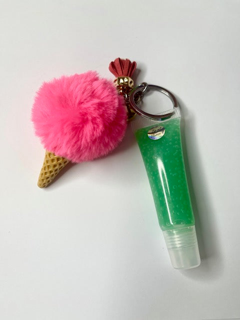 Peppermint Flavor Clear Lip Oil with SQUEEZE TUBE with Ice Ceam Pom Pom Keyring 10ML